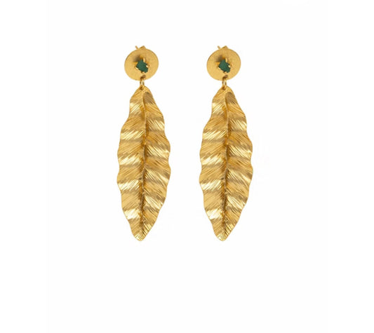long hammered emerald leaf earring