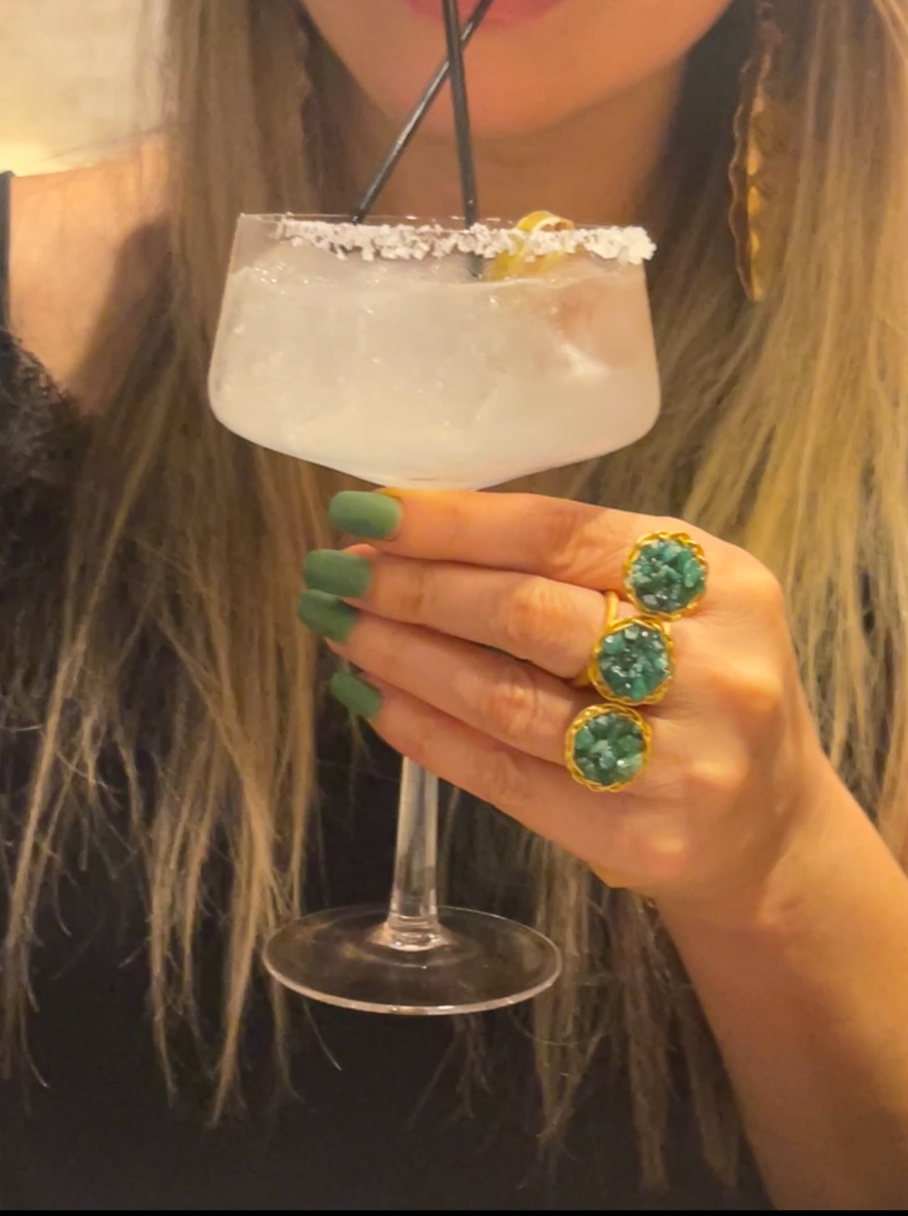 Resin ring with 3 small emerald circles