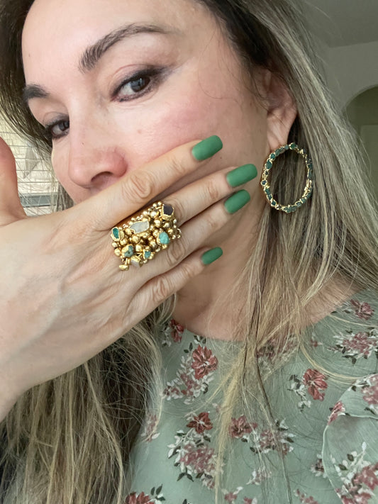 Wide-base emerald and amethyst mosaic mix ring - Fusion Premium Collection