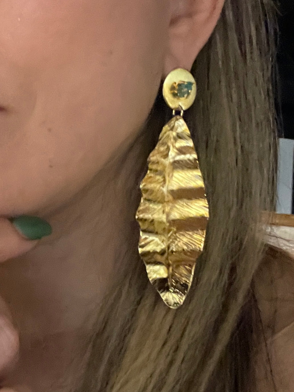 long hammered emerald leaf earring