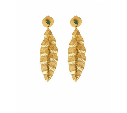 long hammered emerald leaf earring
